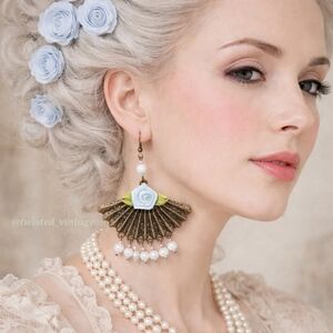 Handmade Metal Fan Statement Earrings Baby Blue Rose and White Iridescent Pearls
